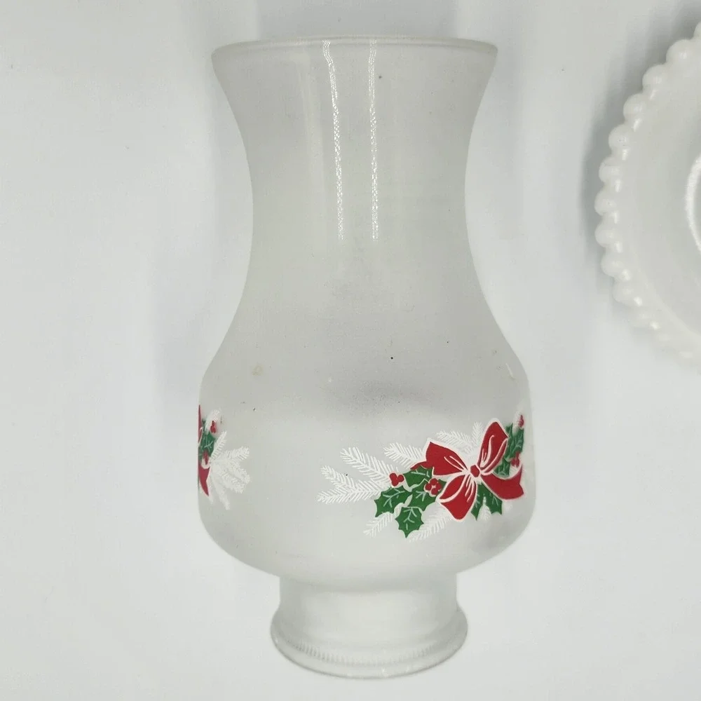 Leviton Vintage Christmas Hurricane Lamp Milk Glass Hobnail Frosted Holly Bow